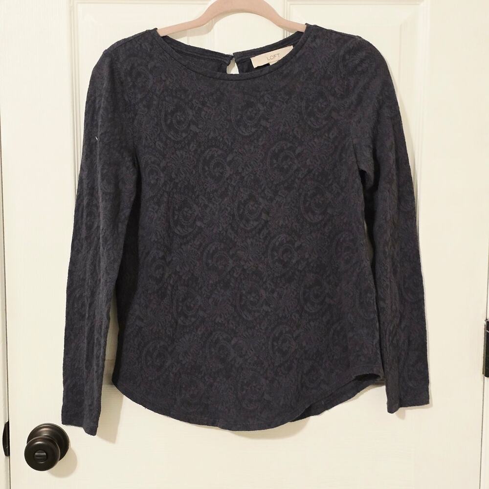 LOFT Navy Paisley Jacquard Print Long Sleeve Knit Top Small Crew Neck Blouse S